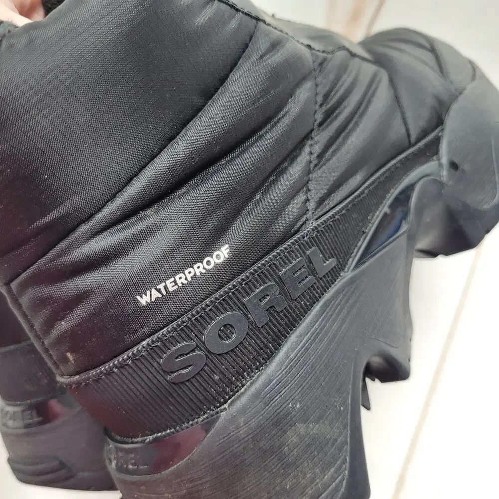 Sorel kinetic impact black puffy waterproof snow boots platform chunky 6